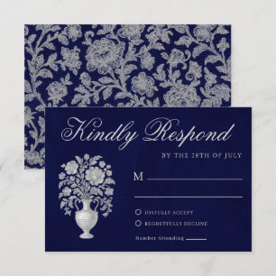 Elegant Crest Monogram Navy Heritage Wedding RSVP Card