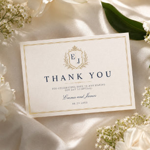 Elegant Crest Monogram Old Money Wedding Thank You Card