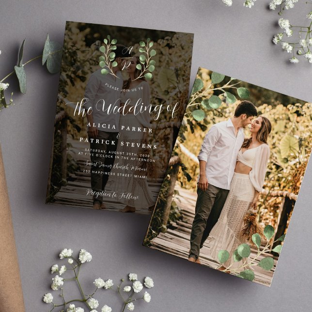 Elegant crest monogram photo overlay wedding invitation (Creator Uploaded)