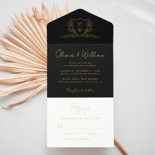 Elegant Crest Monogram Script Black Wedding All In All In One Invitation