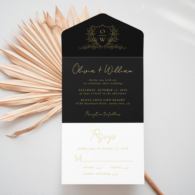 Elegant Crest Monogram Script Black Wedding All In All In One Invitation (Creator Uploaded)