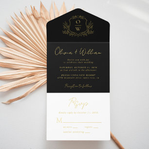 Elegant Crest Monogram Script Black Wedding All In One Invitation