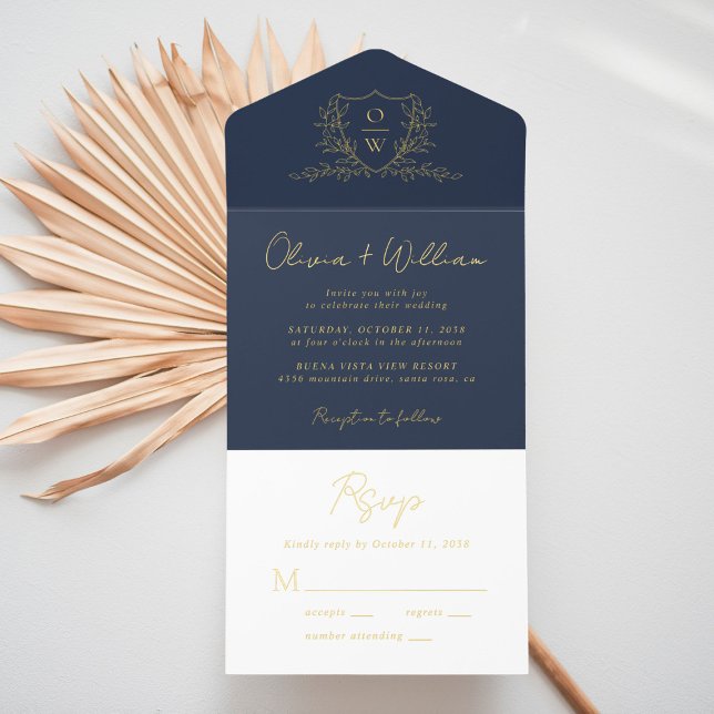 Elegant Crest Monogram Script Blue Wedding All In One Invitation (Creator Uploaded)
