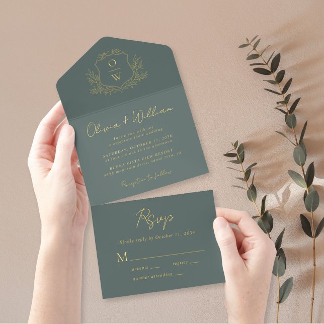 Elegant Crest Monogram Script Sage Wedding All In One Invitation (Creator Uploaded)