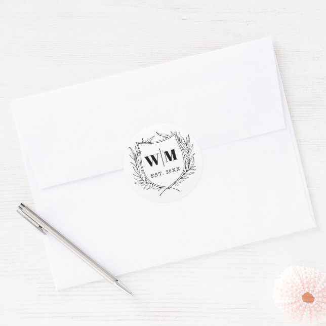 Elegant Crest Monogram Wedding Classic Round Sticker (Envelope)