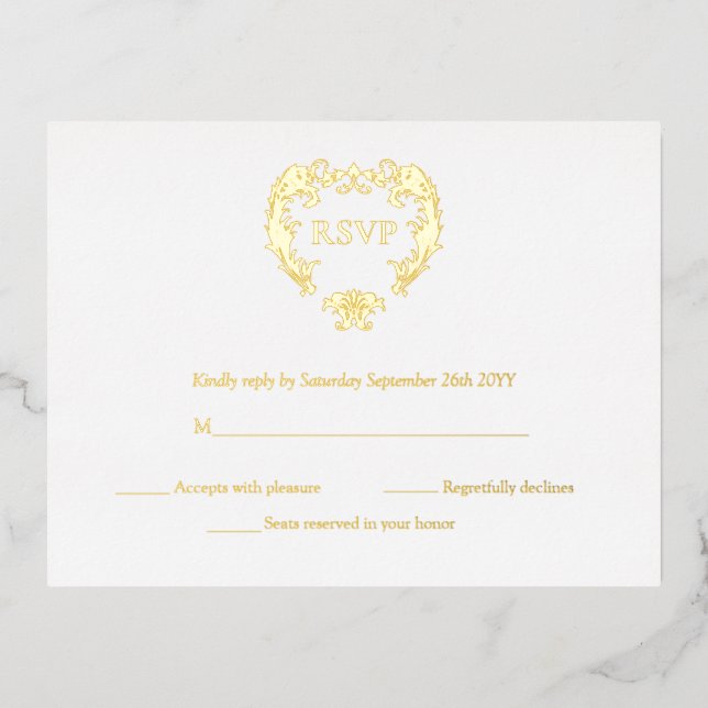 Elegant Crest Monogram Wedding Gold RSVP Cards (Front)