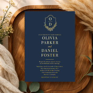 Elegant Crest Monogram Wedding Navy Blue Gold