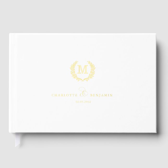 Elegant Crest Monogram Wedding White Guest Book (Front)