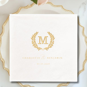 Elegant Crest Monogram White Wedding  Foil Napkins