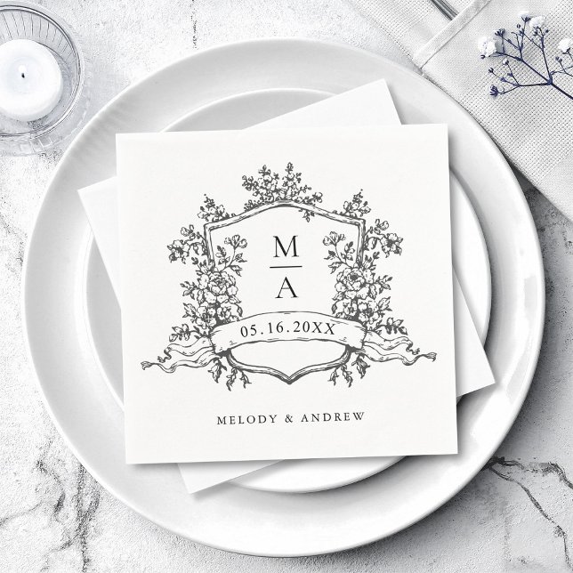 Elegant Crest Monograms Wedding Black & White Napkin (Creator Uploaded)