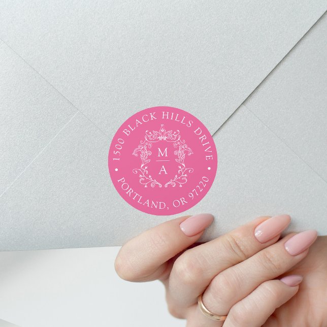 Elegant Crest Pink Wedding Return Address Classic Round Sticker (Creator Uploaded)