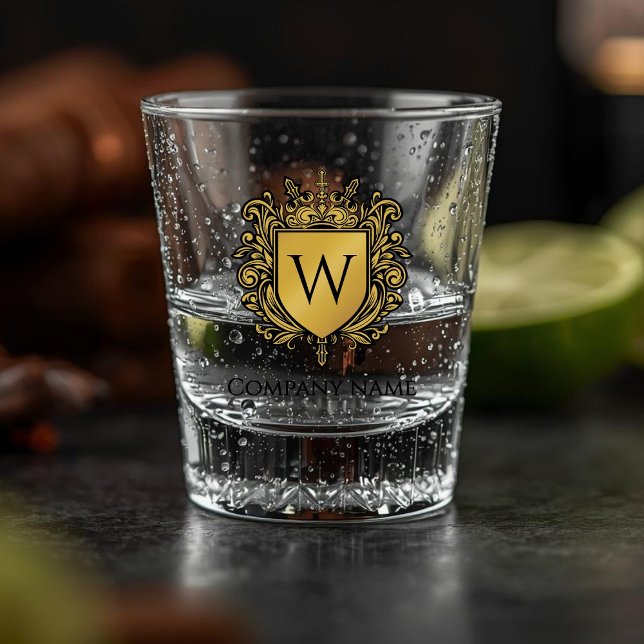 Elegant Crest Shot glass (Elegant Crest Shot glass - a golden heraldic shield icon with your monogram)
