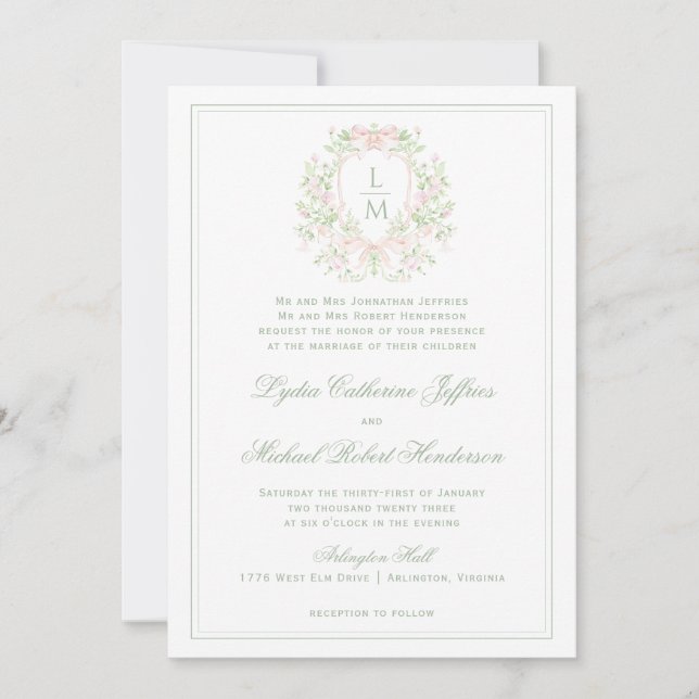 Elegant Crest w/ Blush Pink Bow | Monogram Wedding Invitation (Front)
