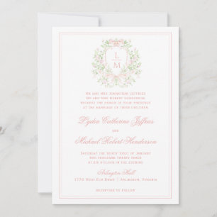 Elegant Crest w/ Blush Pink Bow   Monogram Wedding Invitation