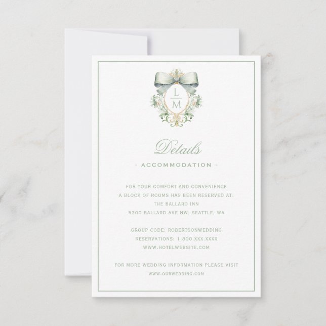 Elegant Crest w/ Green Bow Details Enclosure Card (Front)