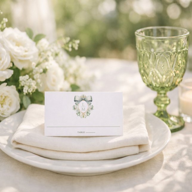 Elegant Crest w/ Sage Green Bow | Monogram Wedding Place Card (Creator Uploaded)