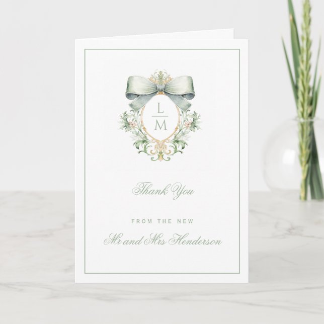 Elegant Crest w/ Sage Green Bow | Monogram Wedding Thank You Card (Front)