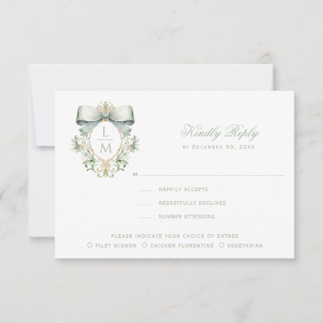 Elegant Crest w/ Sage Green Bow  Thank You Card (Front)