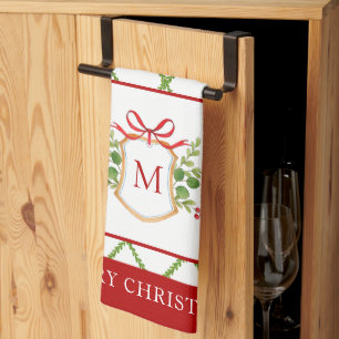 Elegant Crest with Initial Holiday Tea Towel