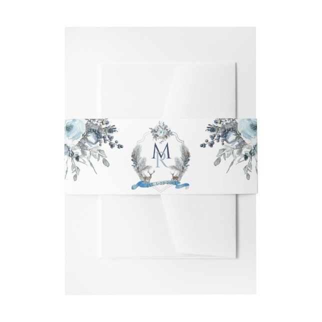 Elegant Crest with Initials, Dusty Blue Floral Invitation Belly Band (Front Example)