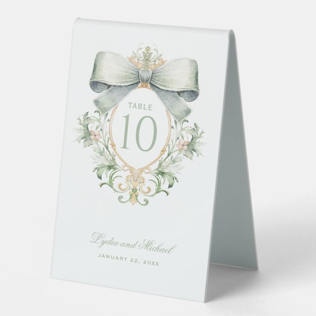 Elegant Crest with Sage Green Bow Table Number (Front)