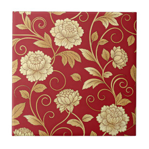 Elegant Crimson Floral Vine Pattern Ceramic Tile