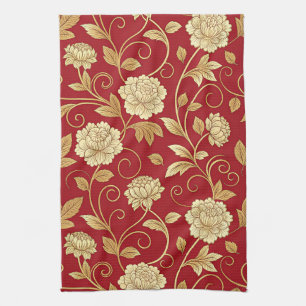 Elegant Crimson Floral Vine Pattern Tea Towel