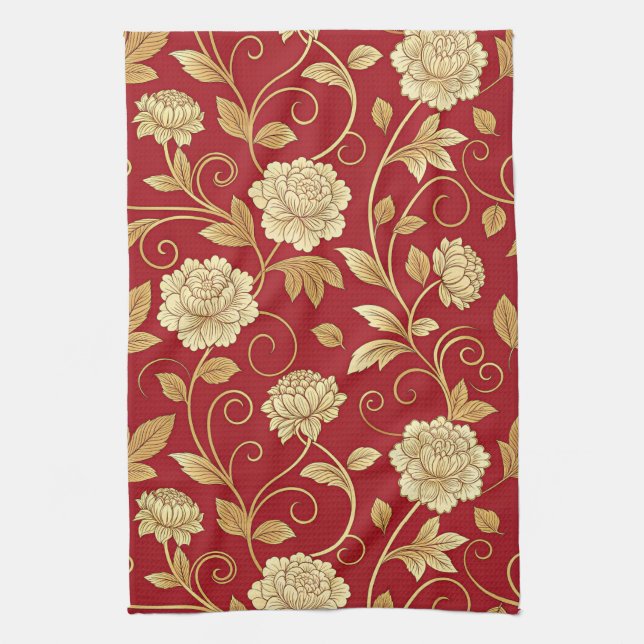 Elegant Crimson Floral Vine Pattern Tea Towel (Vertical)