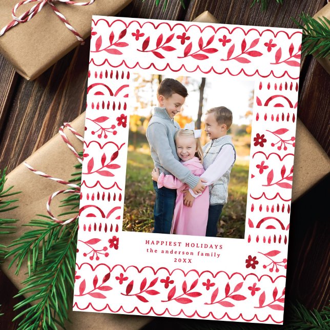 Elegant Crimson Folk Watercolor Christmas Photo Holiday Card (Creator Uploaded)