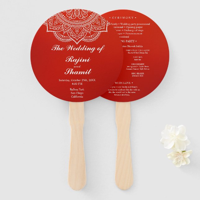 Elegant Crimson Paisley Indian Wedding Program  Hand Fan (Front and Back)