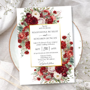 Elegant Crimson Red Florals Gold Frame Wedding Invitation