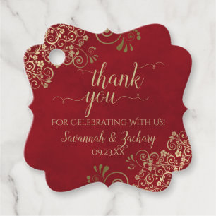 Elegant Crimson Red & Gold Curls Wedding Thank You Favour Tags
