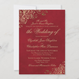Elegant Crimson Red & Gold Formal Wedding Invitation