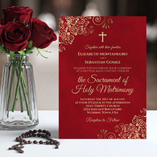 Elegant Crimson Red & Gold Modern Catholic Wedding Invitation