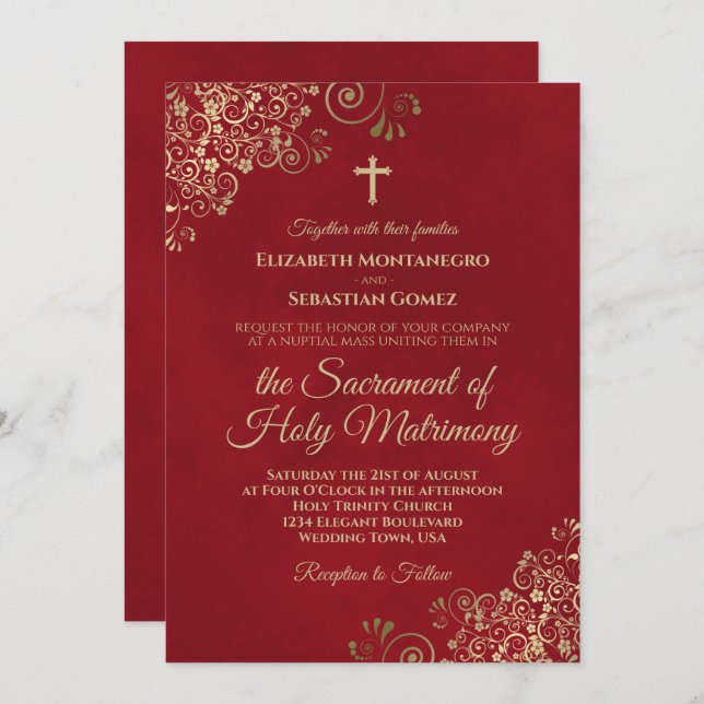 Elegant Crimson Red & Gold Modern Catholic Wedding Invitation (Front/Back)