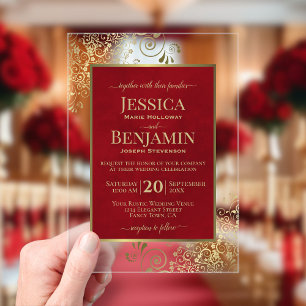 Elegant Crimson Red & Gold Stylish Text Wedding Acrylic Invitations