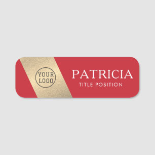 Elegant Crimson Red & Golden Glitter: Company Logo Name Tag