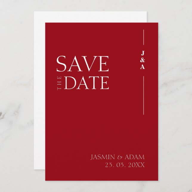 Elegant Crimson Red Minimalist Monogram Wedding Save The Date (Front/Back)