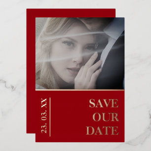 Elegant Crimson Red Photo Wedding Save the Date Foil Holiday Card