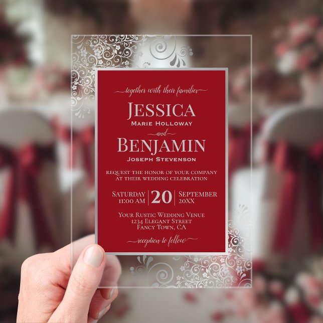 Elegant Crimson Red & Silver Stylish Text Wedding Acrylic Invitations (Clear Acrylic with Rectangle Cut)