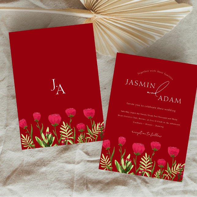 Elegant Crimson Red Wildflower Monogram Wedding Invitation (Crimson Red Poppies Monogram Wedding Invitation)