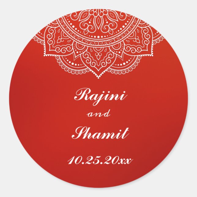 Elegant  Crimson White Indian Paisley Wedding Classic Round Sticker (Front)