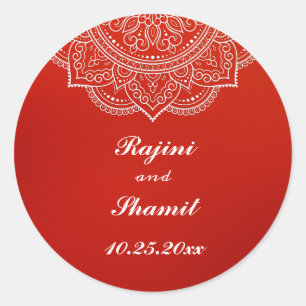 Elegant  Crimson White Indian Paisley Wedding Classic Round Sticker