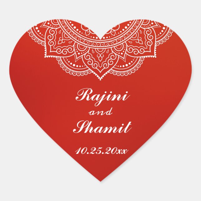 Elegant  Crimson White Indian Paisley Wedding Heart Sticker (Front)