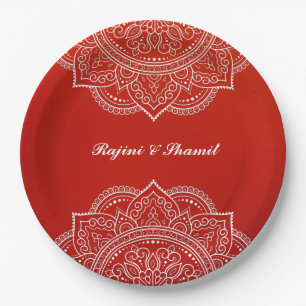 Elegant Crimson White Mandala Indian Hindu Wedding Paper Plate