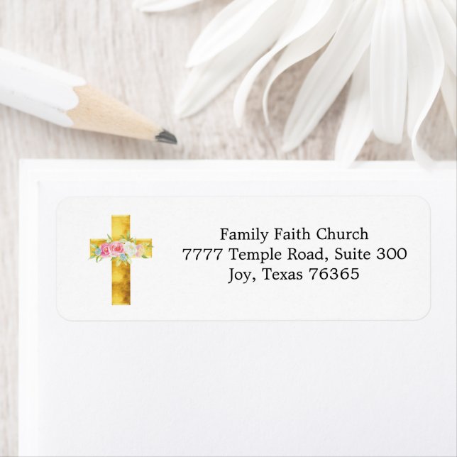 Elegant Cross and Floral Church Return Address Label (Insitu)