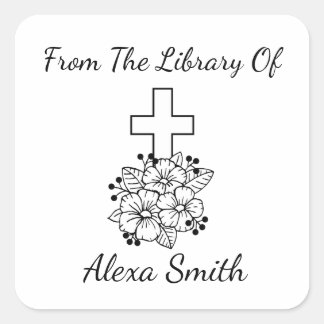 Elegant Cross and Flowers Personalised Bookplate Square Sticker