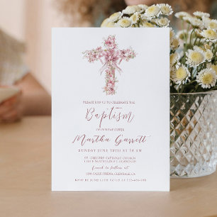 Elegant Cross And Pink Flowers Girl Baptism Invitation