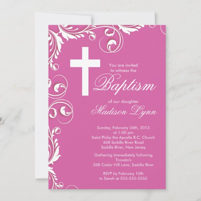 Elegant Cross Baby Girl Baptism Christening Invitation (Front)