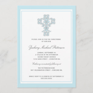 Elegant Cross Blue Baby Boy Christening Invitation